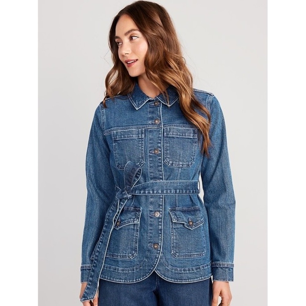 Old Navy Womens Denim Utility Chore Barn Jacket Size L Medium Wash Belted Blue